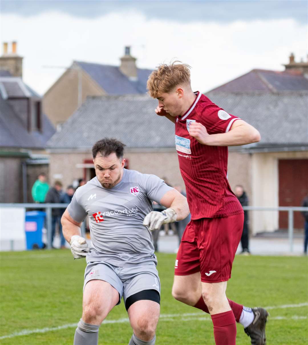 Keith's Lewis Coull and Craig Reid have miscommunication for the ball.Keith F.C (1) v Huntly F.C (0) at Kynoch Park, Keith. Highland Football League.Picture: Beth Taylor