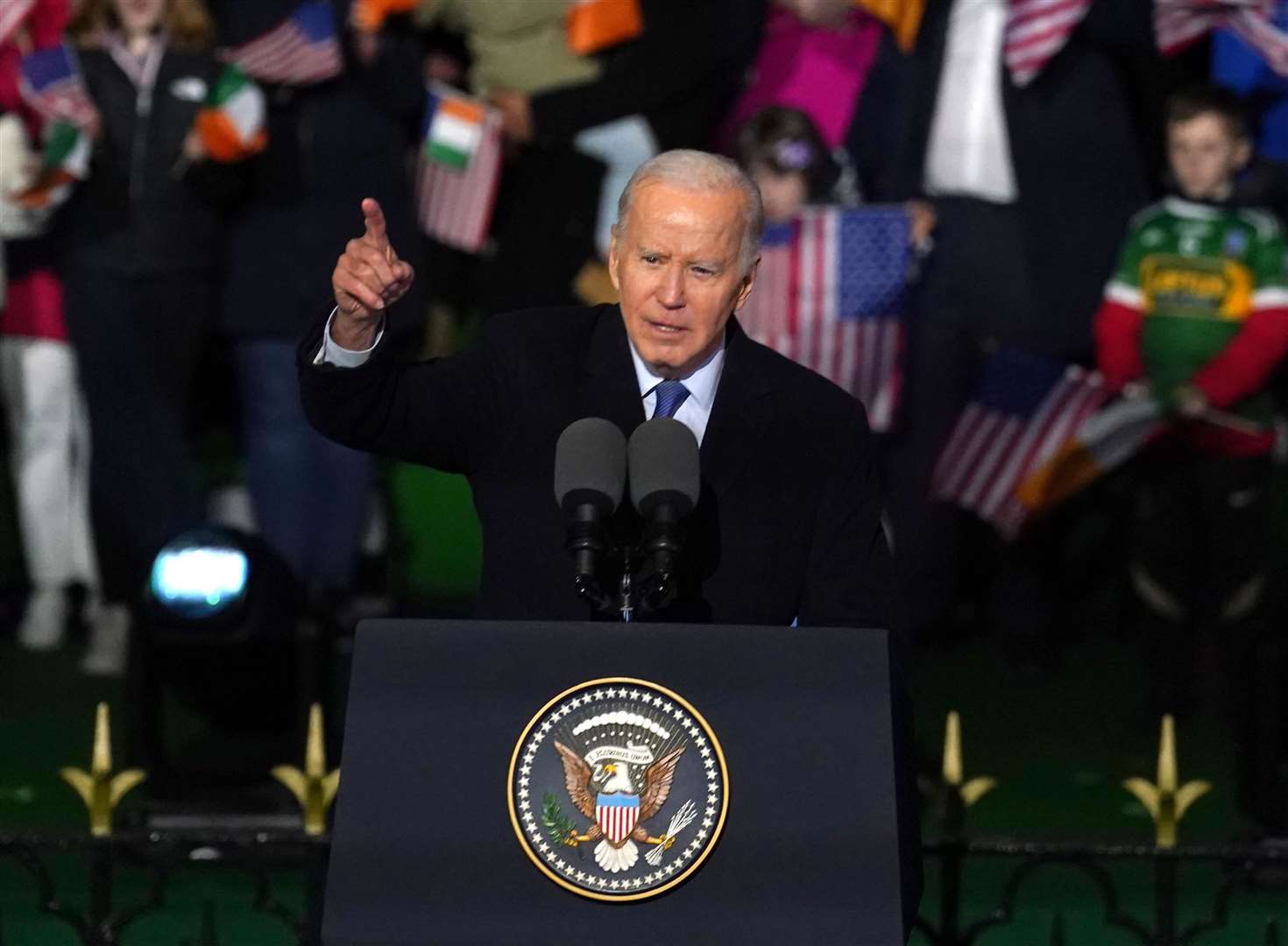 US president Joe Biden delivers a speech at St Muredach’s Cathedral in Ballina (Brian Lawless/PA)