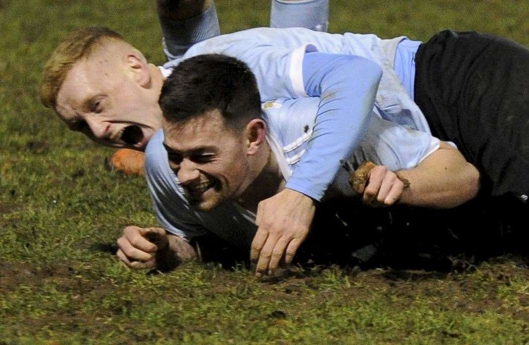 Deveronvale’s Colin Charlesworth (front) enjoys the glory of this season’s stoppage time winner at Huntly with team-mate Harry Noble.Picture: Eric Cormack