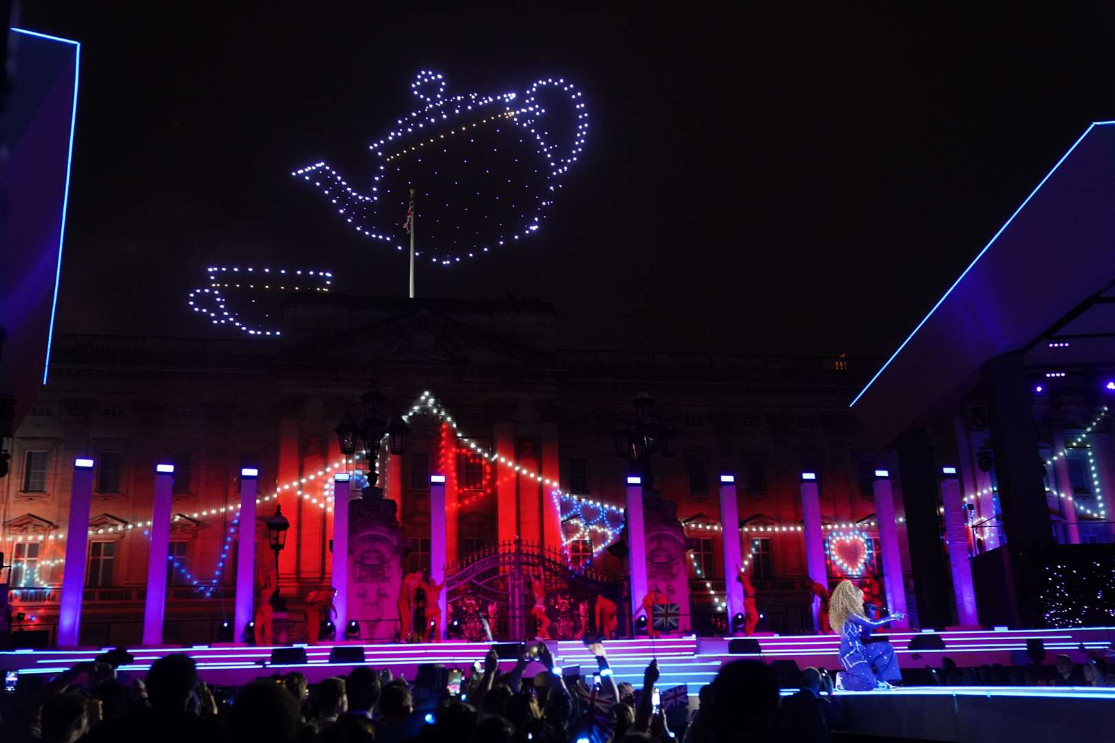 The shapes were pictured as stars continued to perform on stage below at the Platinum Party at the Palace (PA)