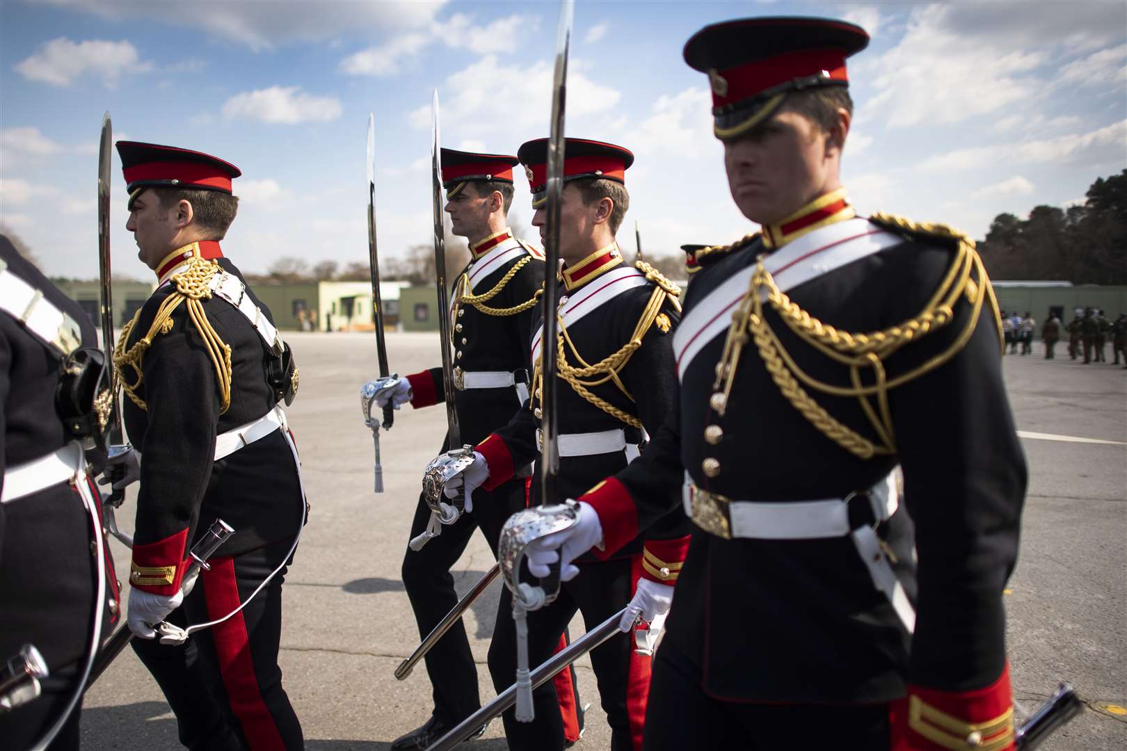 Members of the Household Cavalry, The Blues and Royals rehearsing for the Duke of Edinburgh’s funeral (Victoria Jones/PA)