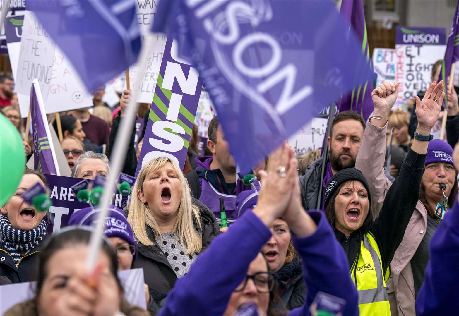 School support staff members of Unison during a rally outside the Scottish parliament in Holyrood, Edinburgh (Jane Barlow/PA)