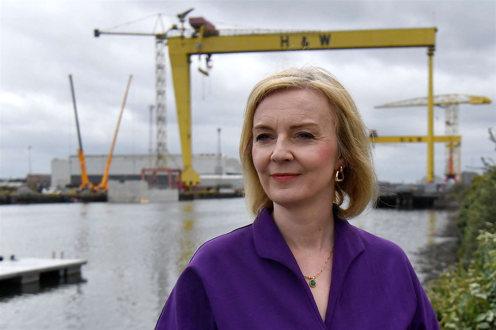 Liz Truss during a campaign visit to Belfast Harbour (Clodagh Kilcoyne/PA)