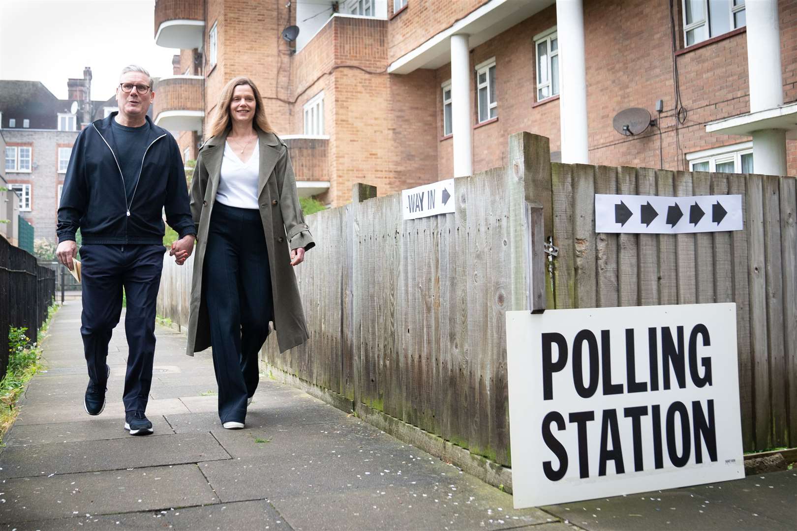 Labour leader Sir Keir Starmer and his wife, Victoria arrive at their local polling station in north London, to cast their vote in the local and London Mayoral election (Stefan Rousseau/PA)