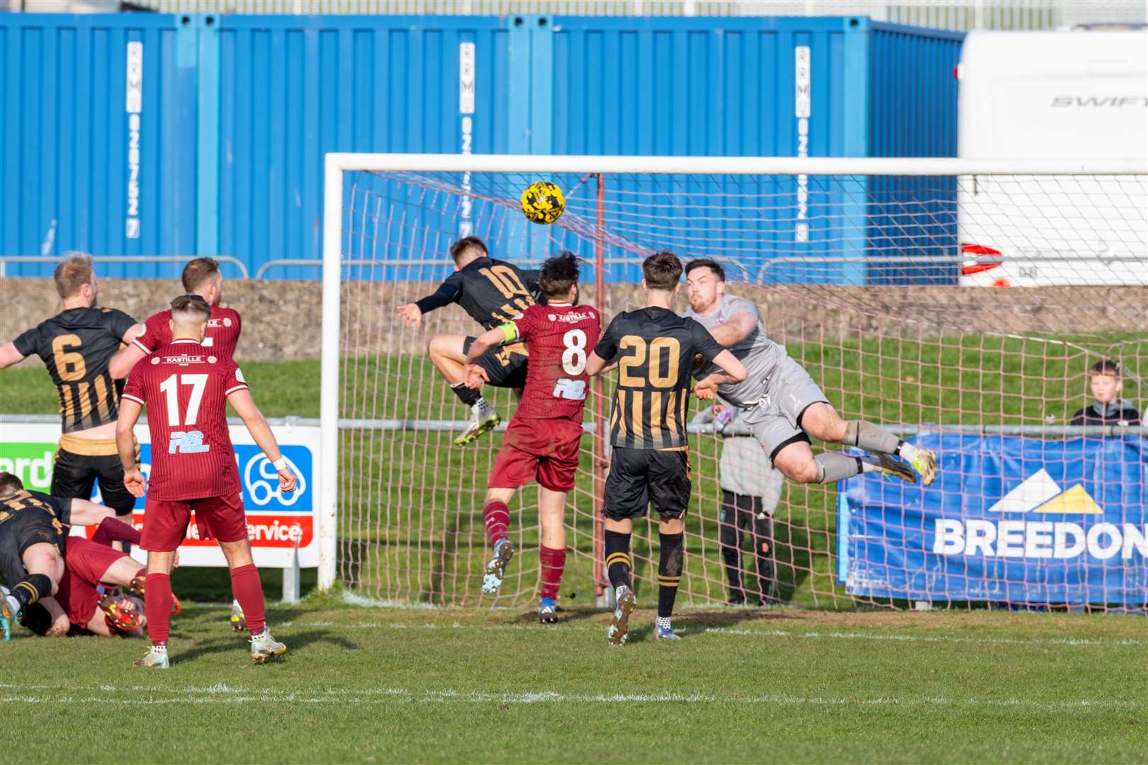 Huntly's Angus Grant makes a close attempt for goal.Keith F.C (1) v Huntly F.C (0) at Kynoch Park, Keith. Highland Football League.Picture: Beth Taylor