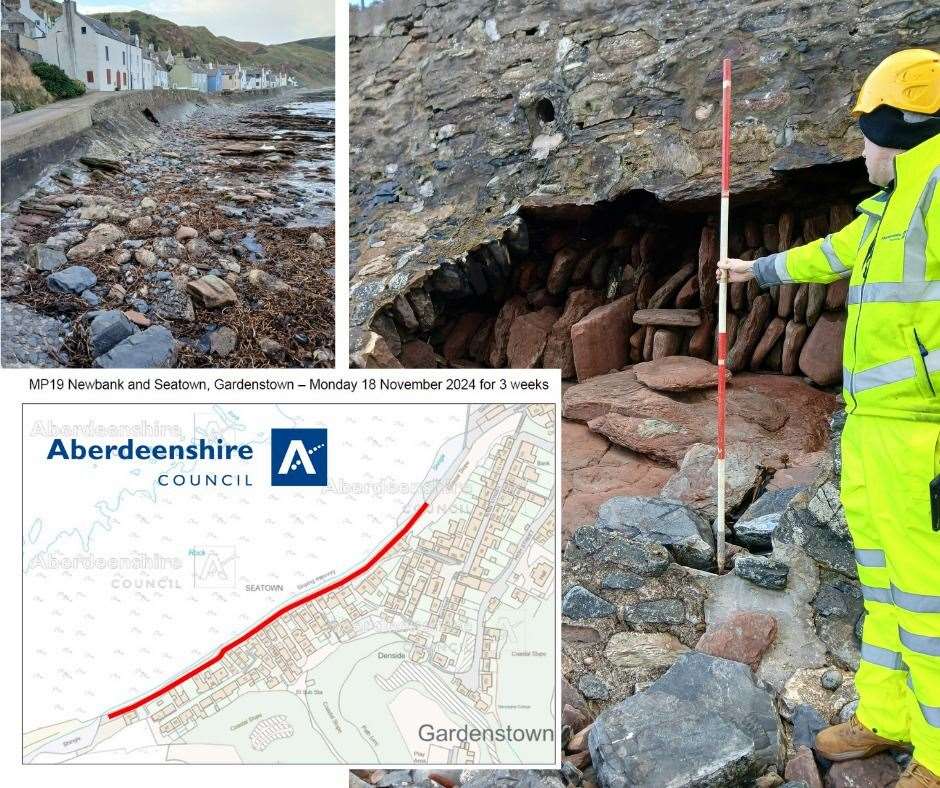 The seawall at Gardenstown is damaged due to coastal erosion.
