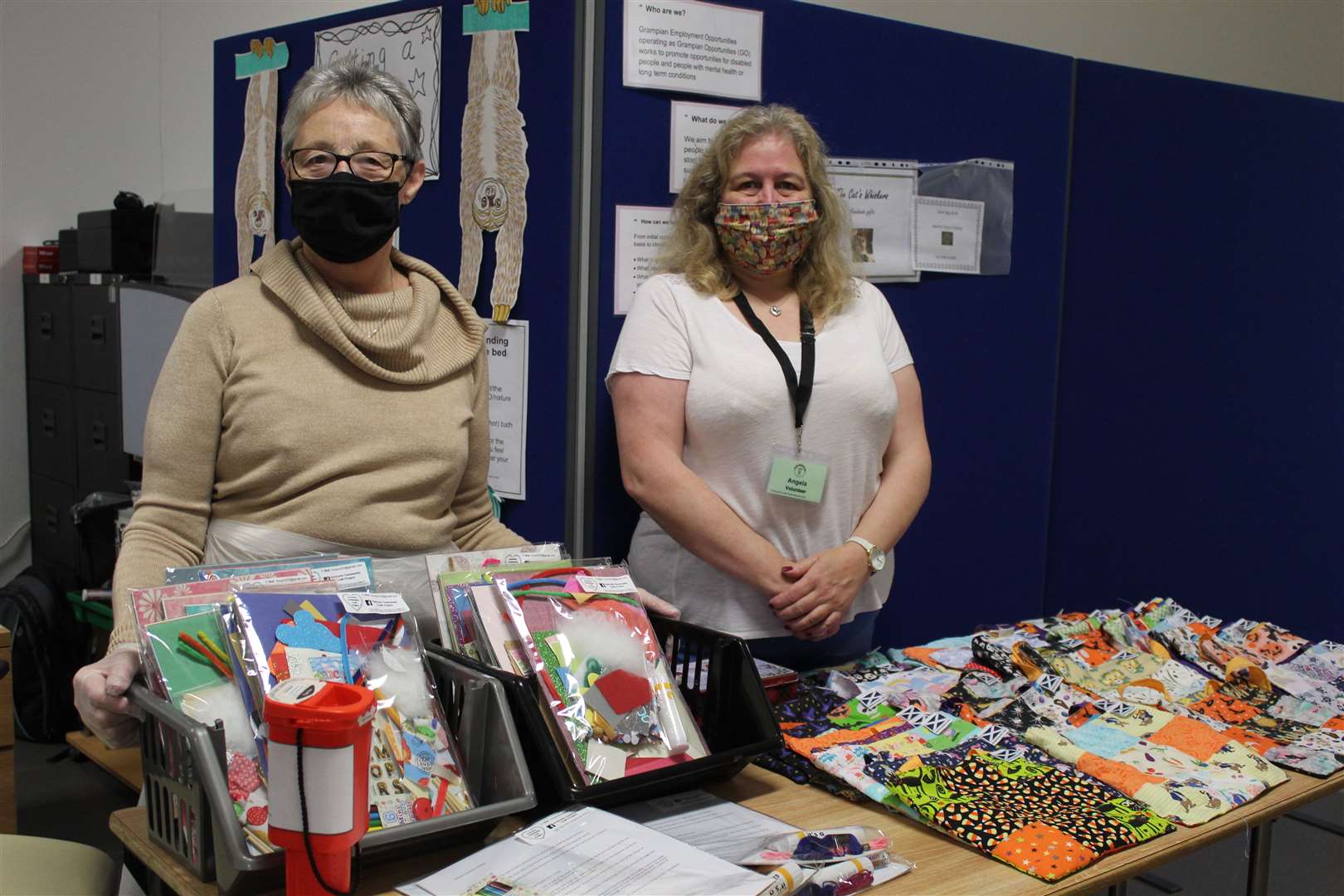 Volunteers Phyllis Gordon (left) and Angela Hogg with some of their craft wares at Saturday's GO coffee morning, West High Street, Inverurie. Picture: Griselda McGregor