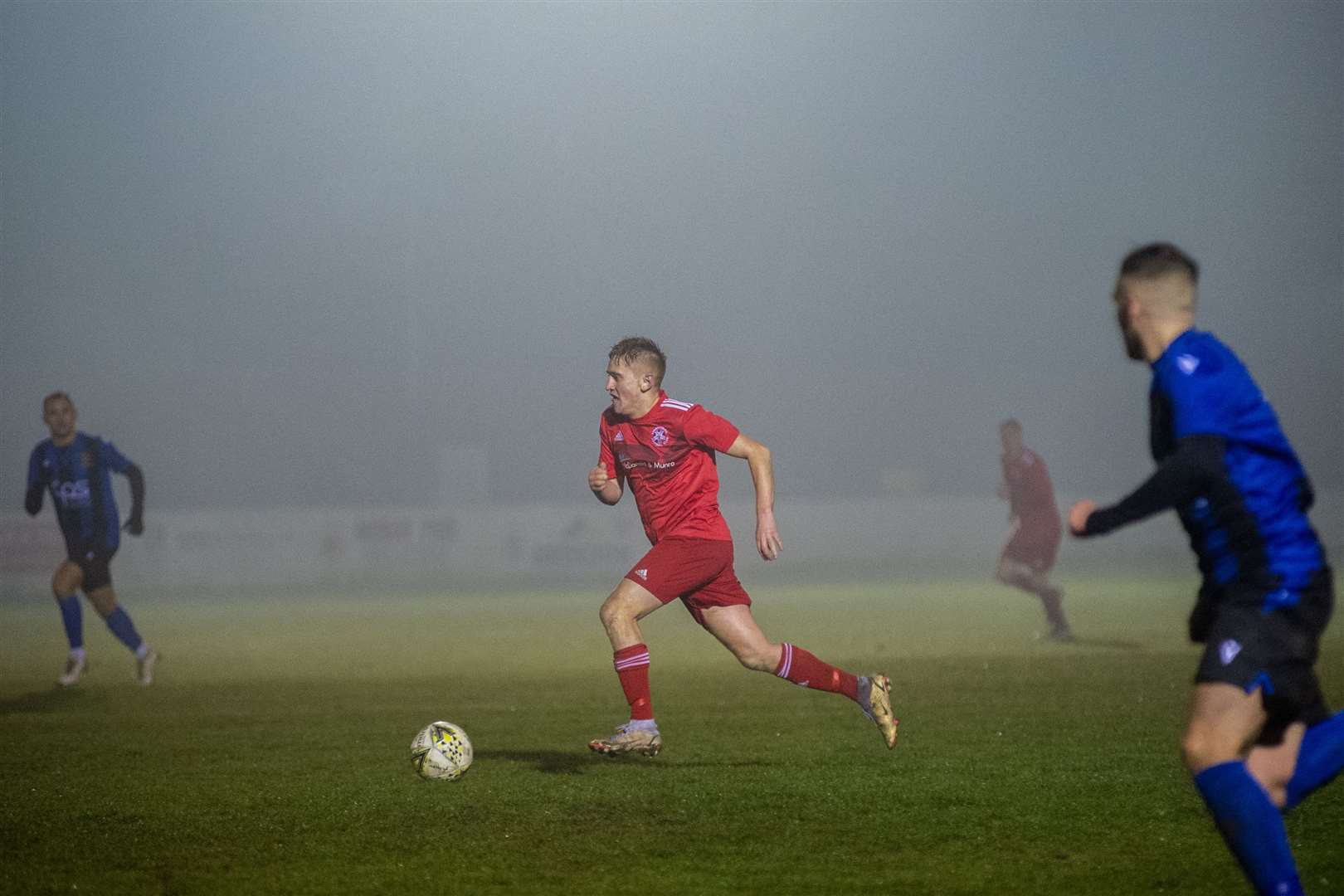 Ryan Sewell in action this season for Lossiemouth against Huntly, the club he has now joined. Picture: Daniel Forsyth..