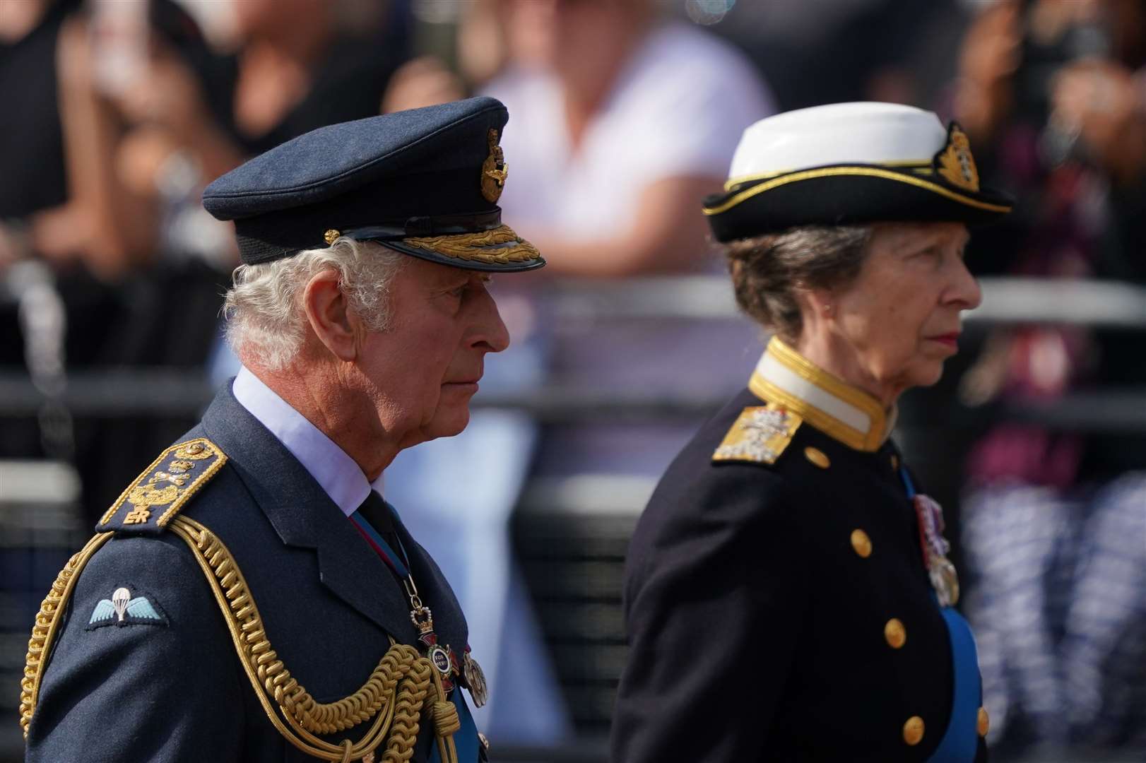 King Charles III and the Princess Royal walk behind the Queen’s coffin (Gareth Fuller/PA)