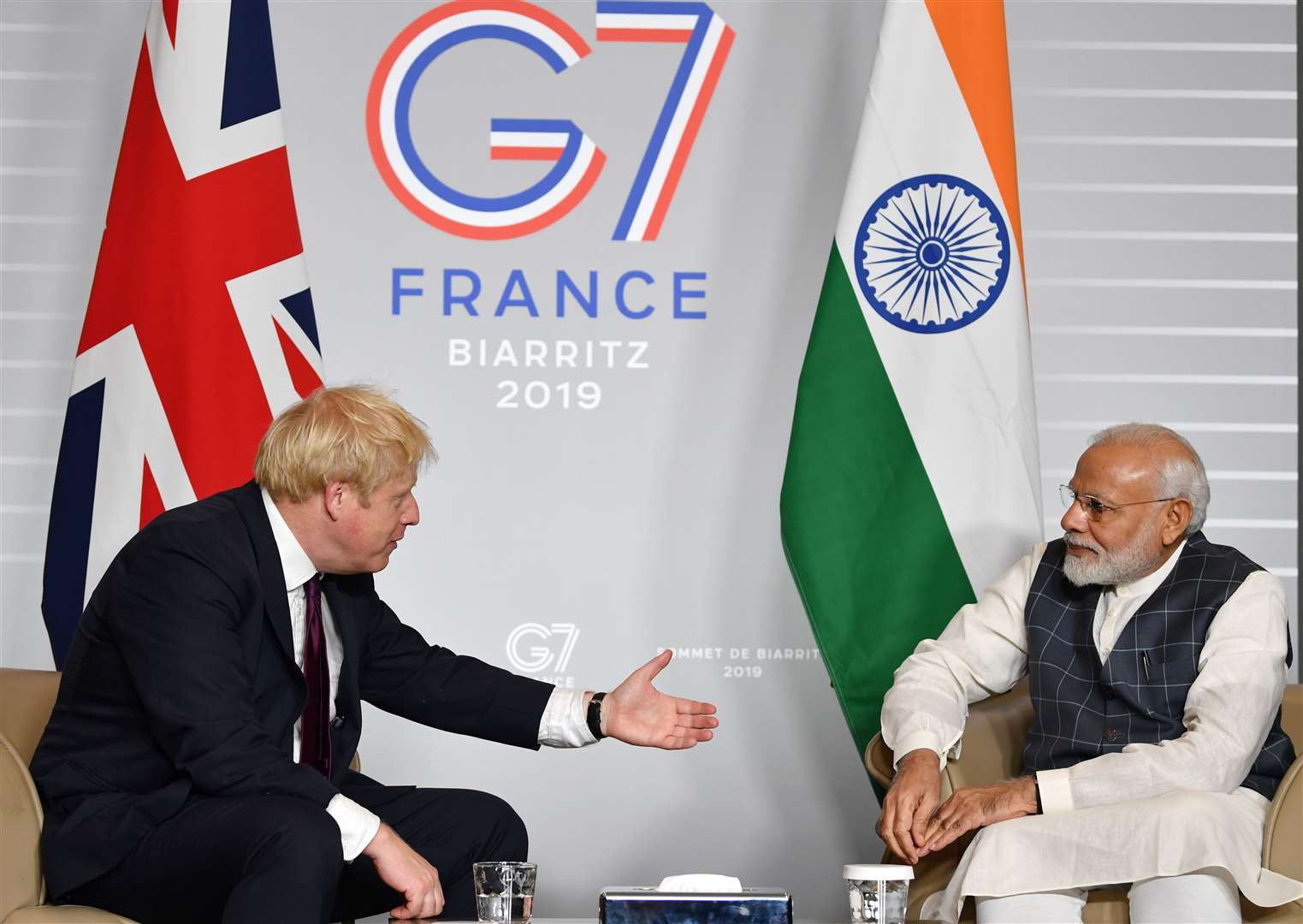 Mr Johnson with Mr Modi for bilateral talks during the G7 summit in Biarritz in 2019 (PA)