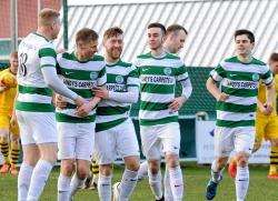 Out of action man...Shaun Wood (second left) seen here being congratulated by team-mates after scoring against Forres in February, could miss all of next season with a knee injury.
