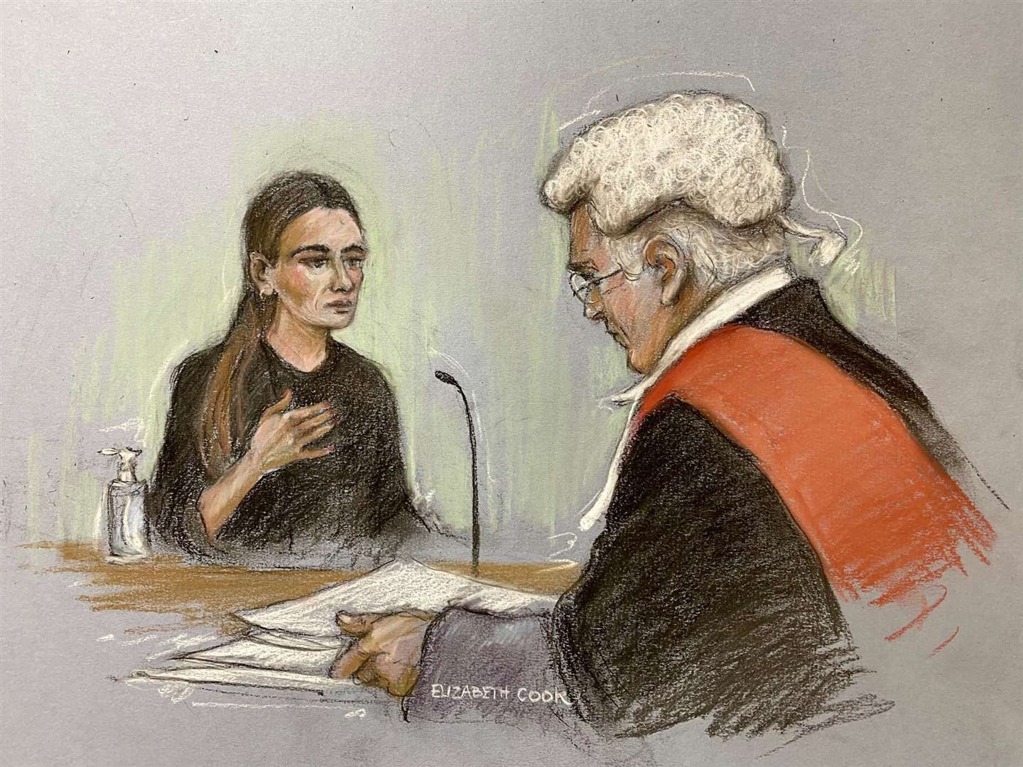 A court artist sketch of Peta Cavendish giving evidence, watched by Judge David Turner, at Chelmsford Crown Court (Elizabeth Cook/PA)