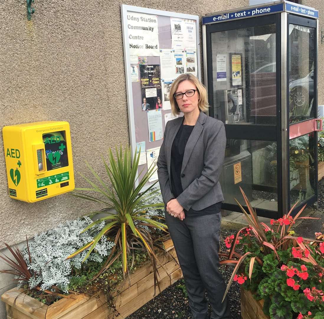 The call box at Udny Green is located next to the public defibrillator.