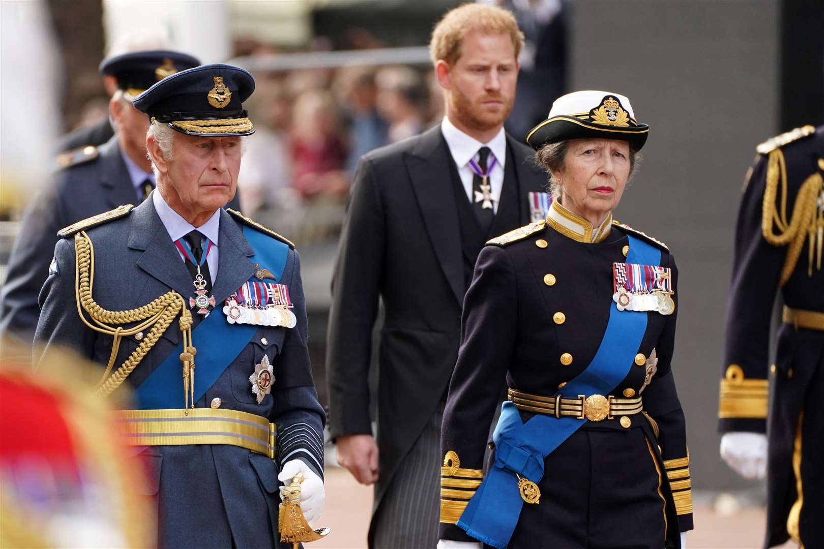 The King and Princess Royal walked ahead of Harry and his brother and cousin (James Manning/PA)