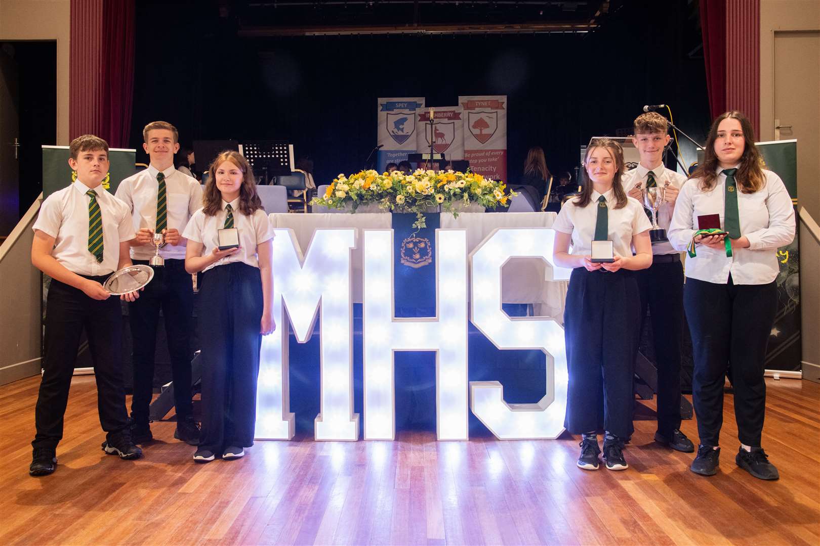 Celebrating their awards are (from left) Anthony Lewis, Rory Lyall, Erin Shand, Hebe Muckle, Ethan Lambourne and Dux Ellen Nicol. Picture: Daniel Forsyth