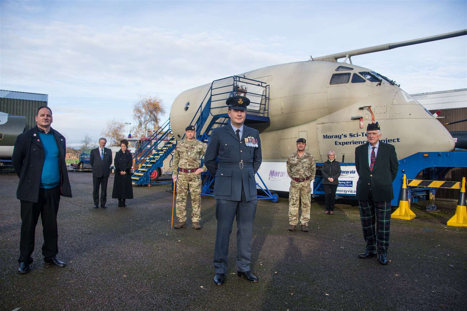 Morayvia Chairman Mark Mair (L) and Lord Lieutenant Seymour Monro (R) at a memorial ceremony for the loss of XV256. They are joined by Councillor John Cowe and wife Joan, WO2 (SSM) Bruce Terris, 120 Squadron Leader Pete Surtess, Capt Shane Middleton and Lynne Herbert Morayvia Director. Picture: Becky Saunderson..
