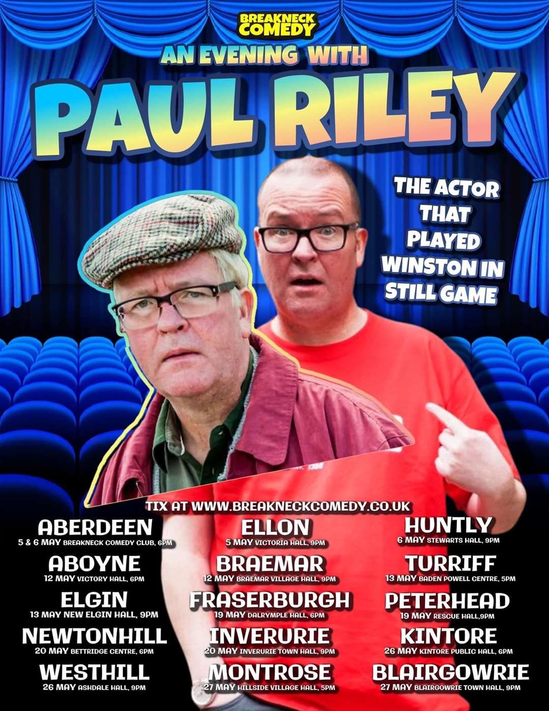 Paul Riley, who plays Winston in Still Game, is set to visit several places across the north-east.