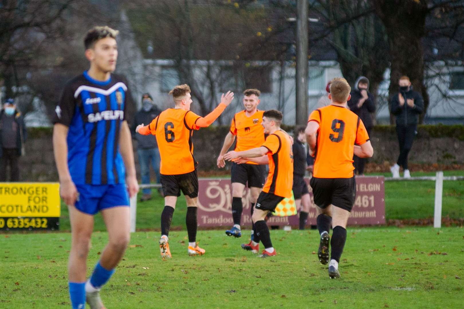 Rothes' Fraser Robertson celebrates scoring the only goal of the match...Rothes FC (1) vs Huntly FC (0) - Highland Football League - Mackessack Park , Rothes 28/11/2020...Picture: Daniel Forsyth..