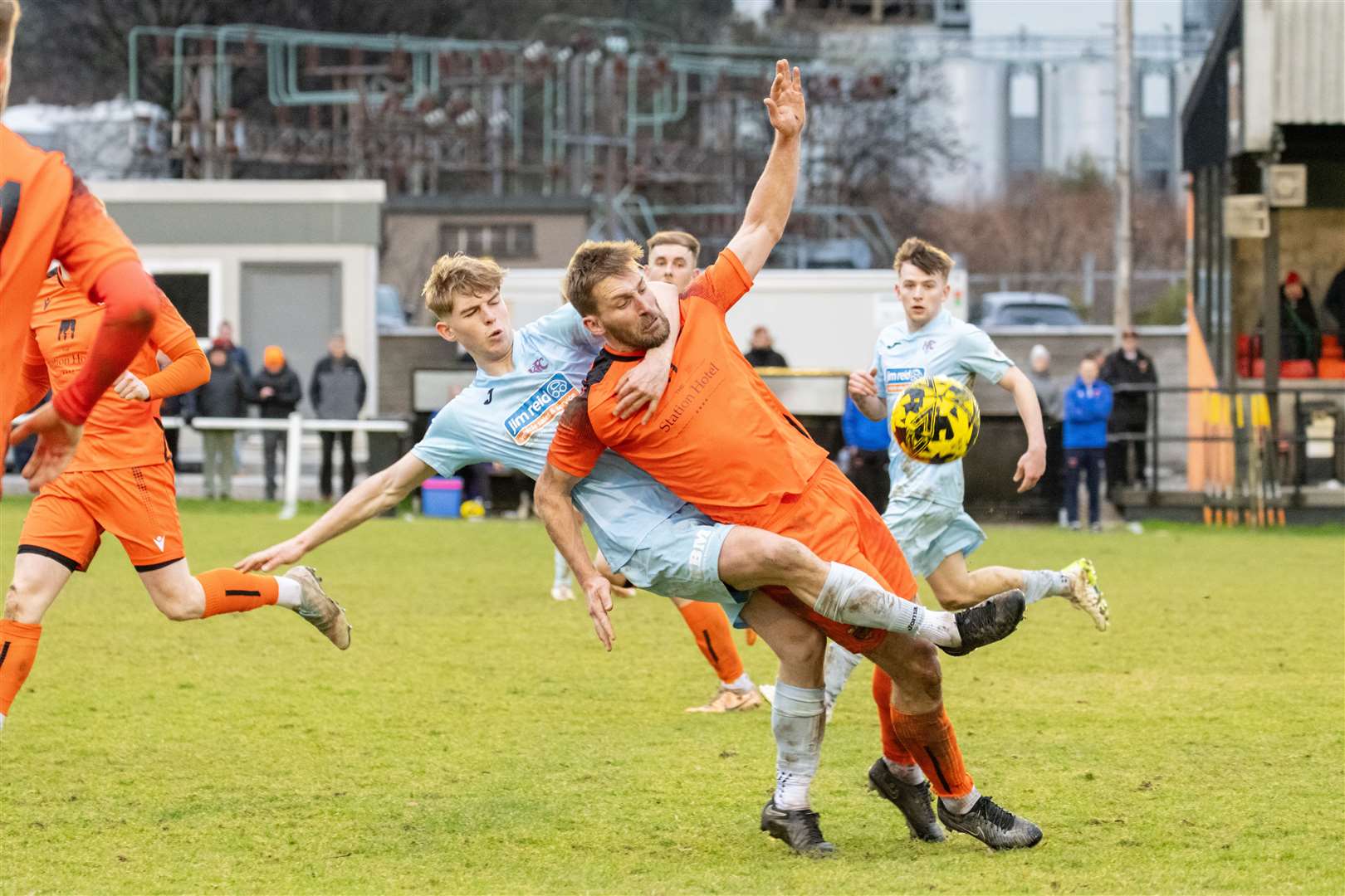 Rothes' Gary Kerr and Keith's Lewis Coull tussle for the ball. ..Rothes F.C. (0) v Keith F.C. (0) at Mackessack Park, Rothes, Highland Football League 23/24...Picture: Beth Taylor.