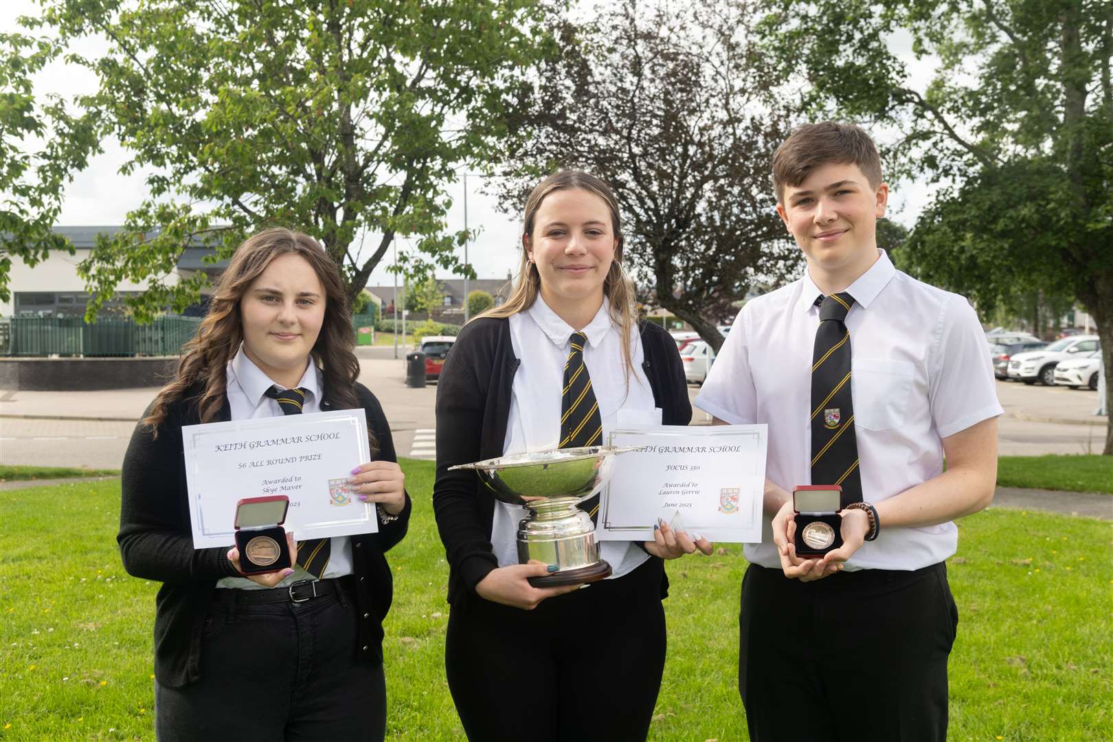 From left: All Around Prize was won by Skye Maver, The Focus 350 Award was won by Lauren Gerrie and S5 Dux was won by Robbie McAskie...Keith Grammar School Award Winners 2023...Picture: Beth Taylor.