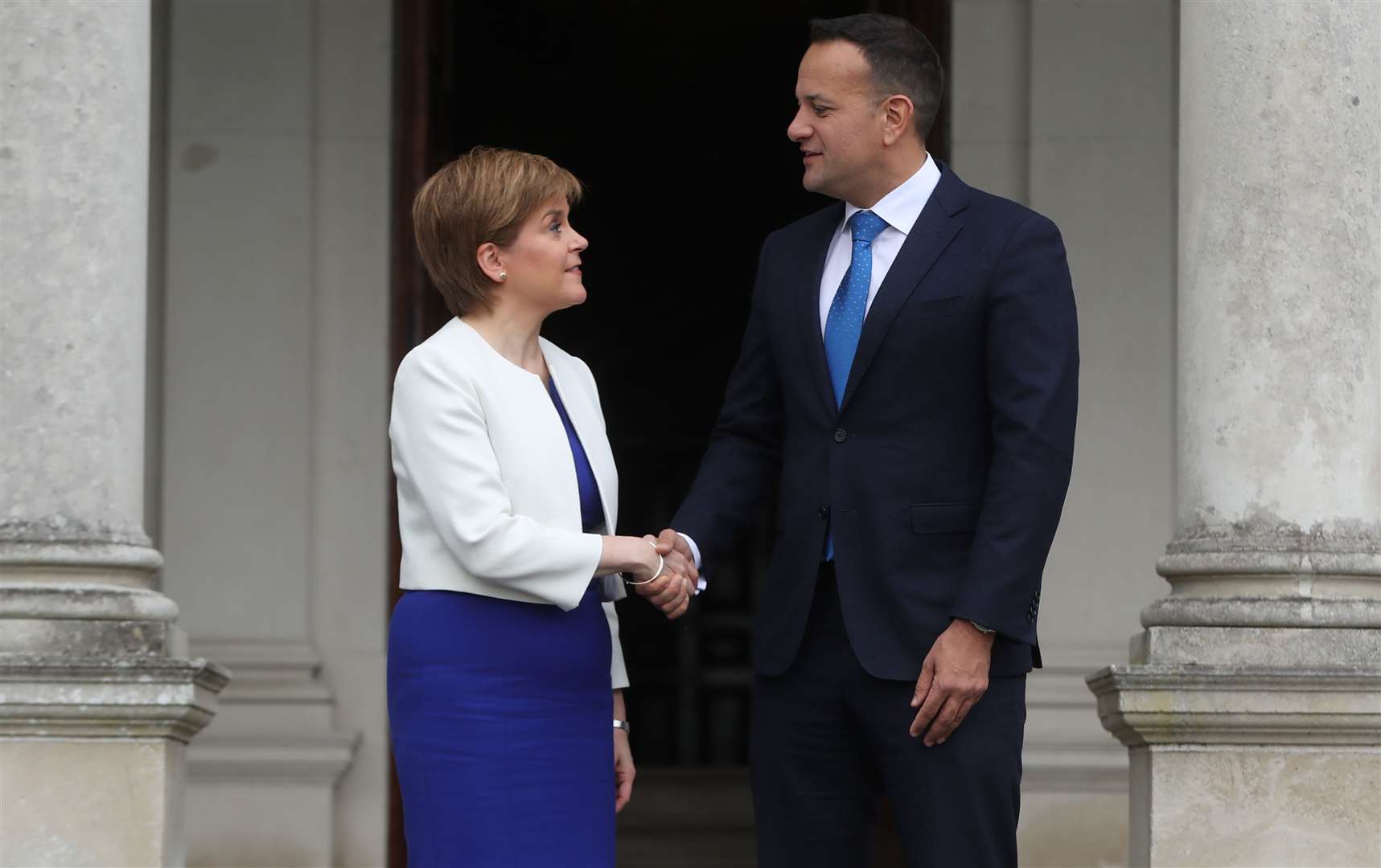 Nicola Sturgeon welcomed by Leo Varadkar on a past visit to Dublin (Niall Carson/PA)