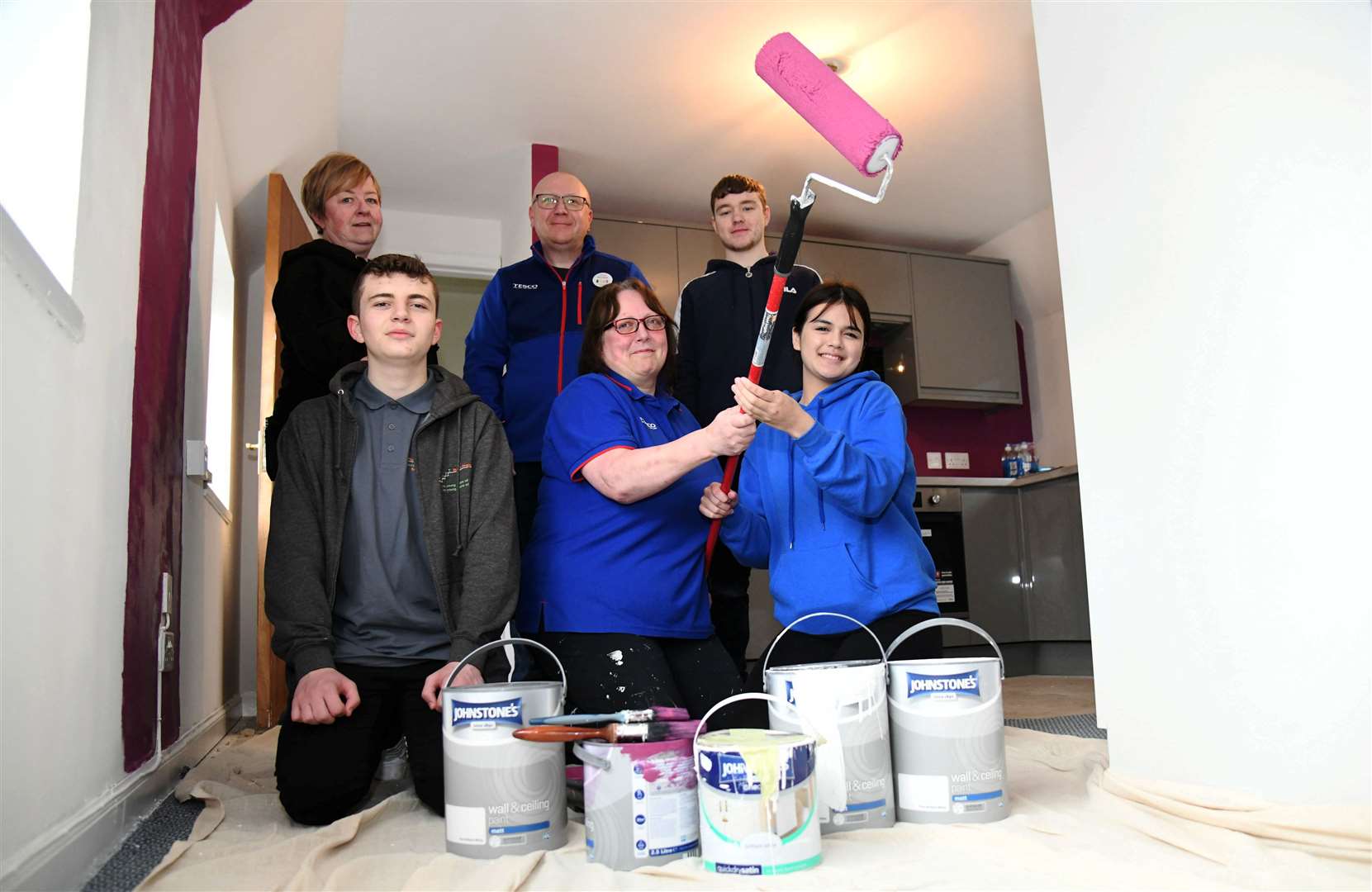 Front from left Aaron Stewart, Fiona Addison and Jasmine Hunt with back from left Sharon Duncan, Thomas Webster and Liam Rennie...The Loft in Keith have recently had the upstairs section repainted and decorated by Tesco Keith...Picture: Becky Saunderson..