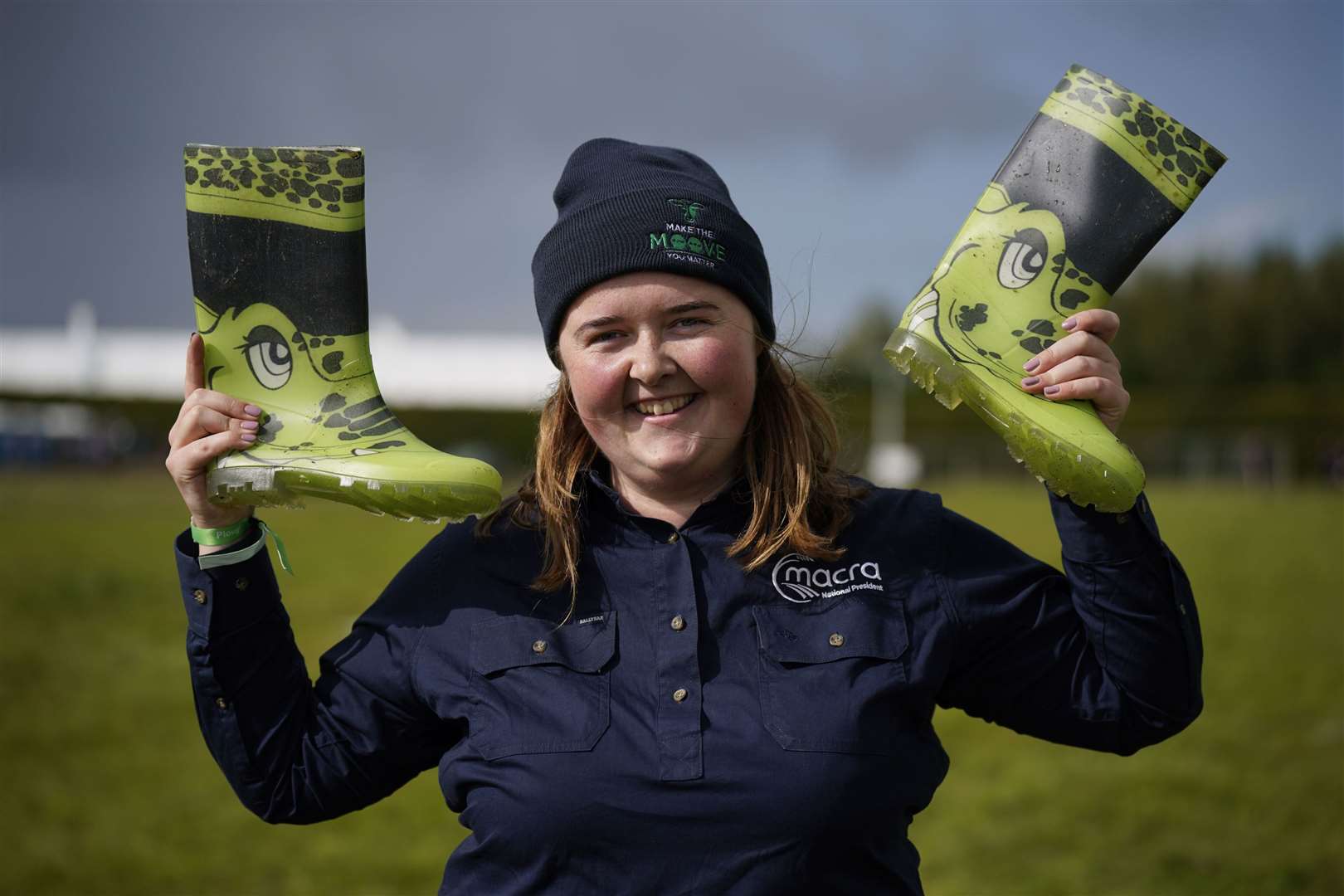 Macra national president Elaine Houlihan celebrates after 995 people took part in a Guinness World Record attempt at the most people throwing wellies (Niall Carson/PA)